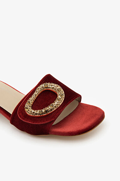 SAYL Kiremit Rengi Kadife Bantlı Altın Tokalı Topuklu Abiye Terlik