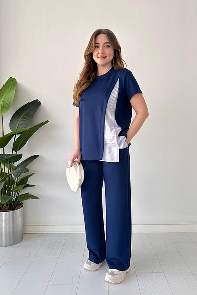MaziButik Navy Blue Side Garnished Modal Suit