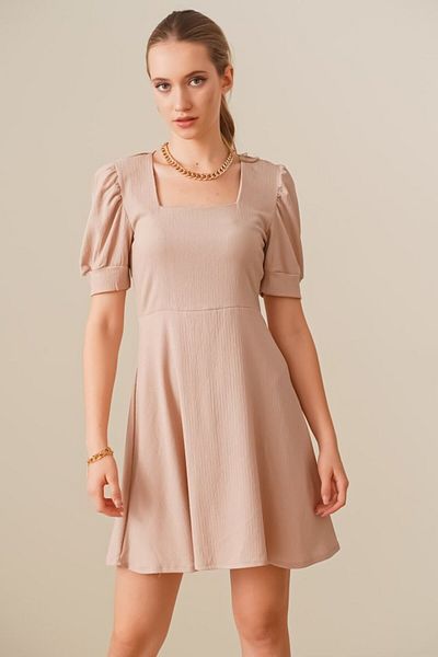 modaserdem 2339 Square Neck Knitted Dress - Biscuit