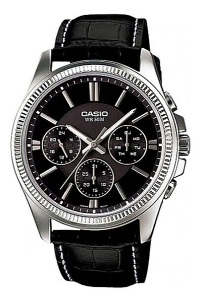 Casio العلامة التجارية الصلب حالة الحبل الجلدي، فضي اللون الأسود ساعة اليد الرجالية