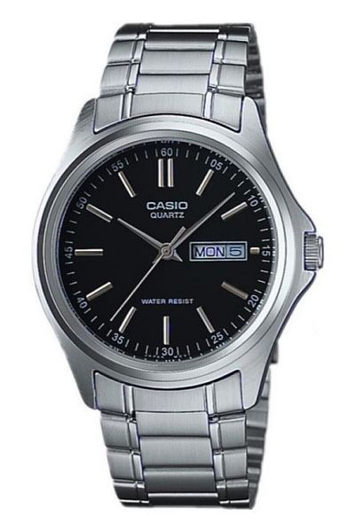 Casio هيكل فولاذي كامل، سوار فضي اللون، ساعة يد رجالية فاخرة