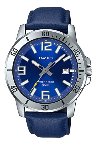 Casio Kasası Gri Kordonu Deri Lacivert Renk Garantili Erkek Kol Saati