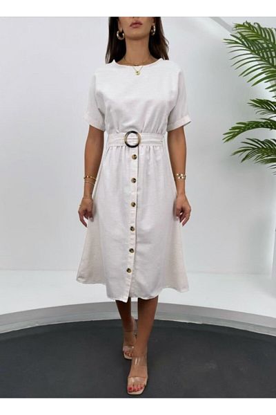 modaserdem 2389 Belted Linen Dress - Ecru