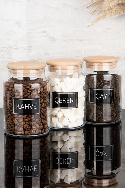 Dolkin Home 3-Piece Wooden Vacuum Lid Tea Sugar Coffee Glass Jar Set with Black Label Storage Container 800 ml
