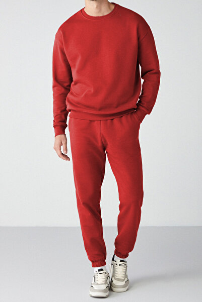 ruNadeS Red Regular Fit Regular Fit Basic O-Neck Tracksuit Set with Thick Fleece Inside