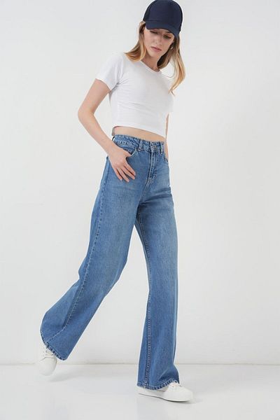 leyla sanat sanata yeni bir bakış açısı Leyla Sanat Sanata a New Perspective 6702 Wide Leg High Waist Palazzo Jeans - Navy