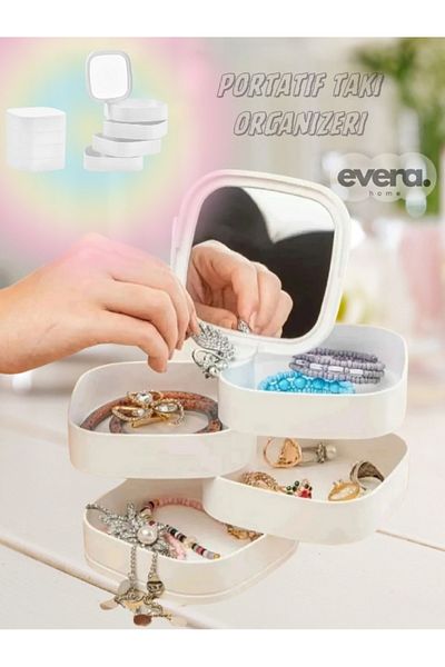 Evera Home 360 Degree Rotatable, with Cover, 4 Tiers, Jewelry Organizer, White, with Mirror