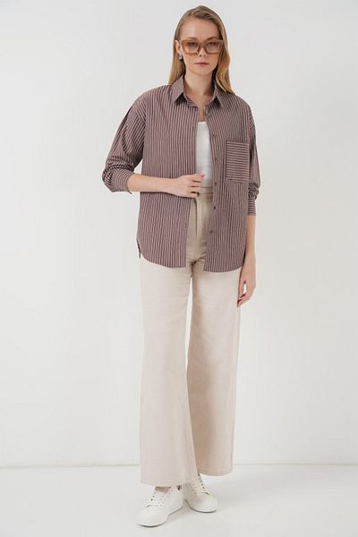 MRA Fashion 20205 Striped Oversize Shirt - Brown