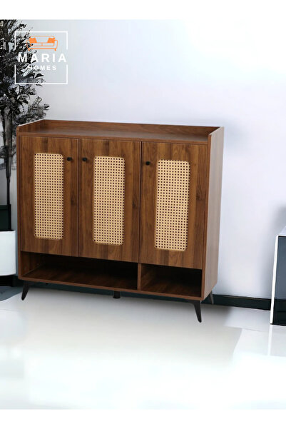 MARIA HOMES Modern Wooden Storage Cabinet – 119x100x33 cm – Rattan Doors, Metal Legs – Stylish Sideboard