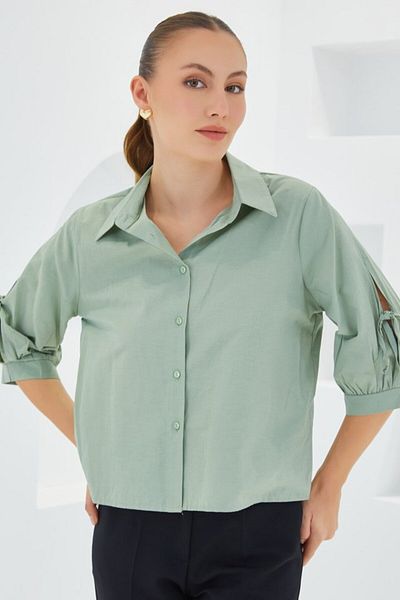 modaserdem Sleeve Detailed Green Crop Shirt 20246