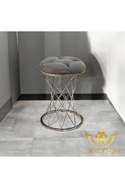 BY HAKAN AŞKIN Kapitoneli Metal Pota Ayaklı Silver Pota Puf Style 2025 koyu füme