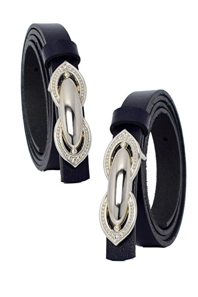 GoDeri %100 Hakiki Deri, Gümüş Tokalı İnce 2 cm Lacivert Kadın Elbise, Pantolon Kemeri; orta.tümsek