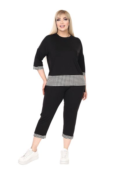 MELSAY Women's Black Houndstooth Detailed Elastic Waist Large Size Top and Bottom Set