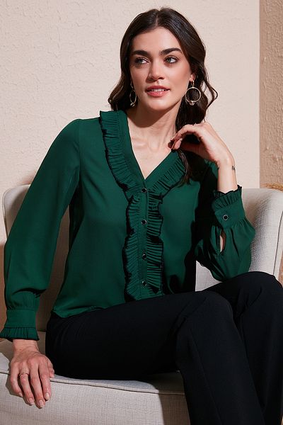 Lela Standard Fit V-Neck Ruffle Long Sleeve Shirt Shirt 611Go00341