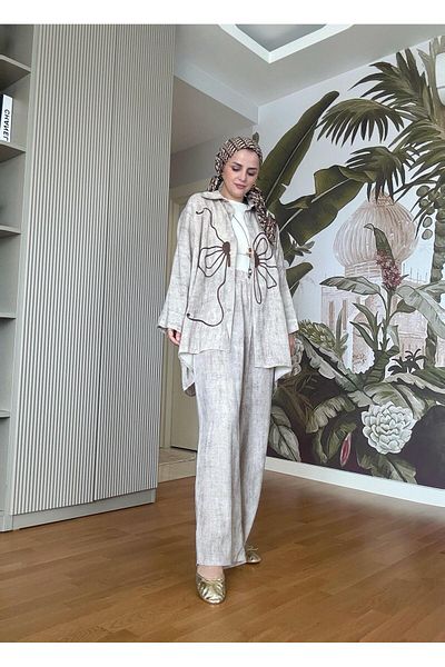 Aselim Hijap Moda Beige Pendant Cotton Kimono Set