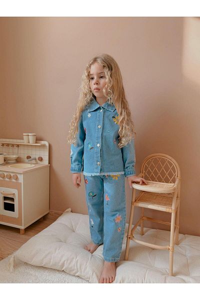 GÜL Baby Set de sus și de jos pentru fete din țesătură denim brodat cu flori, sărbătoare