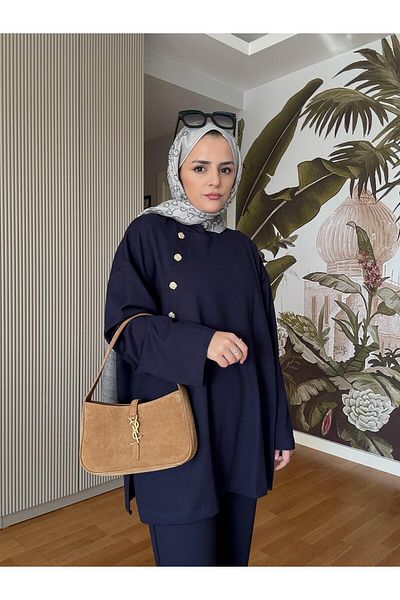Aselim Hijap Moda Premium Buttoned Modal Cotton Suit Navy Blue