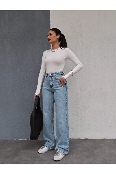 sion jeans Julia Milano Pamela Wolf Anii 90 Snow Wash Blue material elastic Super talie înaltă Jeans largi Palazzo 2025