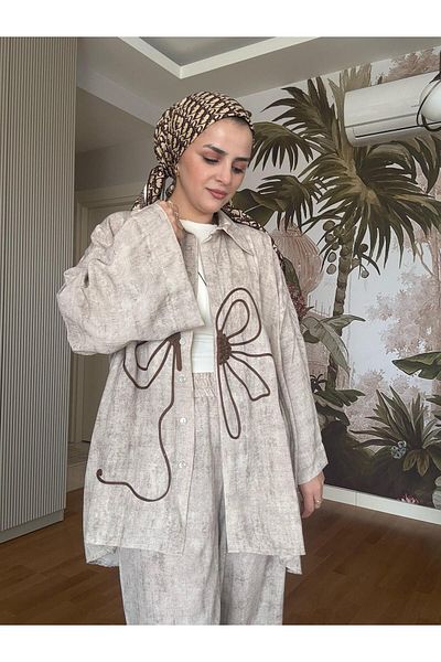 Aselim Hijap Moda Beige Pendant Cotton Kimono Set