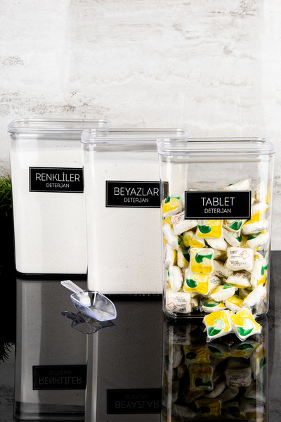 Dolkin Home Set of 3 Detergent Boxes with Scale Colors Whites Tablet Detergent Labeled 3000ml Mica