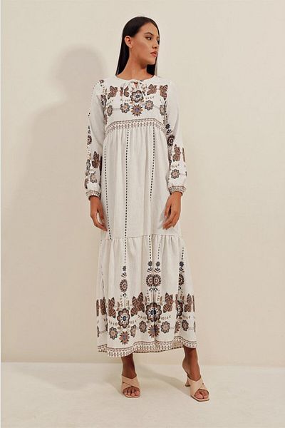 modaserdem 1947 Patterned Long Linen Dress - Y. Brown