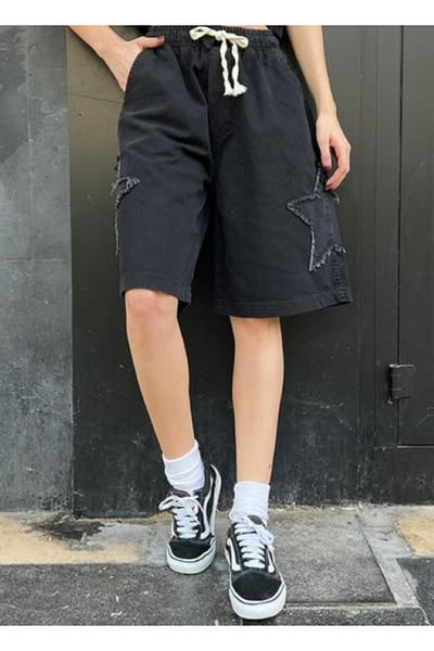 KOTOLOG Σορτς Jean Knee Capri με φαρδύ πόδι που πλένεται σε στυλ Y2K με μοτίβο αστεριών