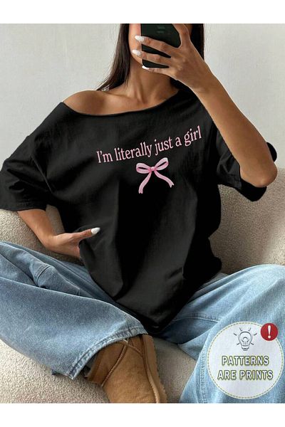 AMMA Women's Boat Neck Just a Girl Printed Oversize 100% Cotton T-Shirt