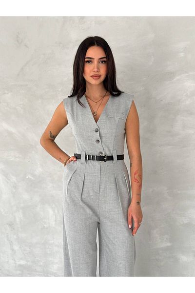 buqre's moda Women's Double Breasted Waist Belted Pleated Sleeveless Jumpsuit