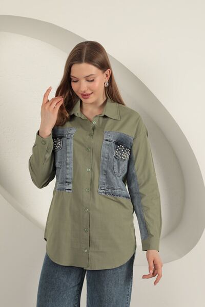 Lukas Khaki Women's Shirt with Poplin Fabric Denim Garnish