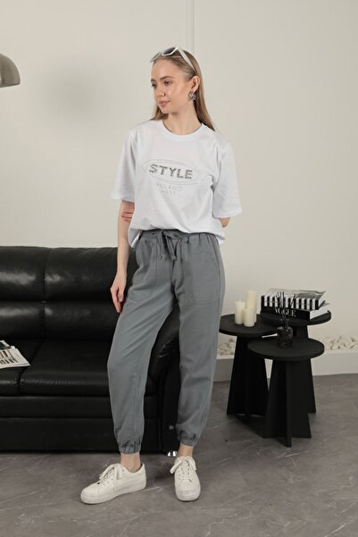 karadağsb Gabardine Fabric Women's Trousers with Elastic Legs-Grey