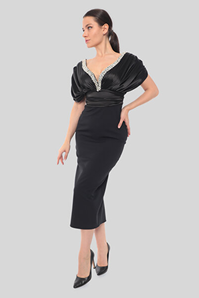 SUSEB Saten Garnili Drape Kollu Elbise