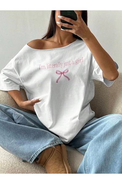 AMMA Γυναικείο μπλουζάκι με λαιμόκοψη Just a Girl με στάμπα Oversize 100% βαμβάκι