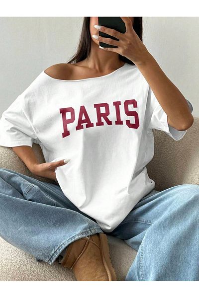 AMMA Boat Neck Paris Printed Oversize 100% Cotton T-Shirt