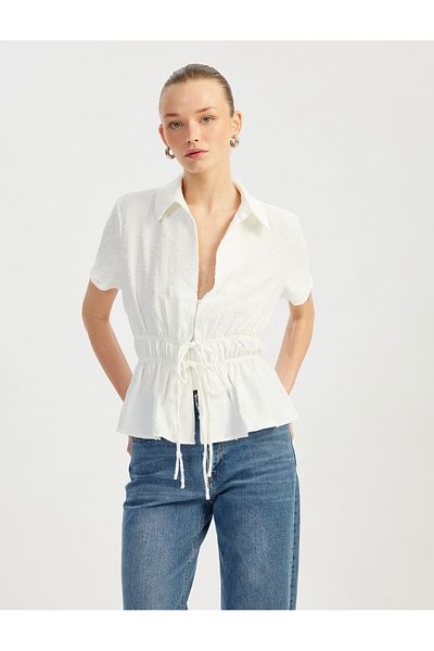Koton Front Tie Gathered Bow Detailed Short Sleeve Shirt Collar Blouse