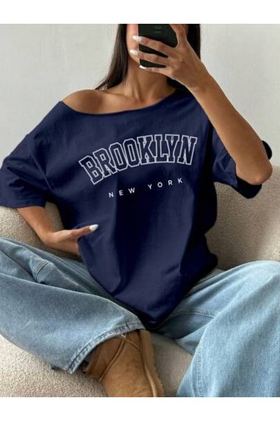 AMMA Women's Boat Neck Brooklyn Printed Oversize 100% Cotton T-Shirt