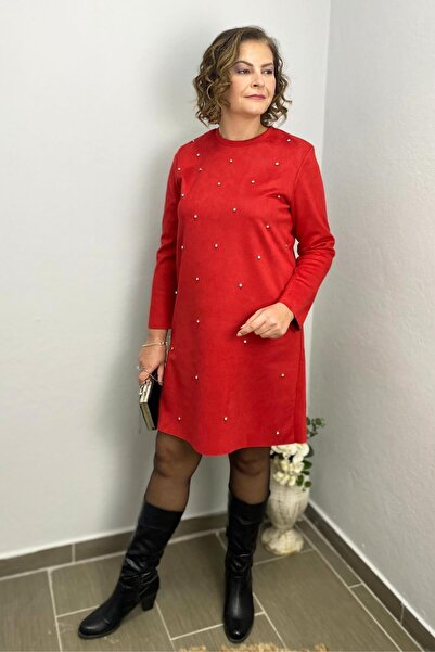 Mia Butik Women's Red Mountain Stone Detailed Nubuck Dress