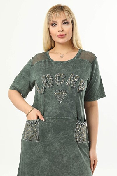 Mia Butik Plus Size Khaki Shoulder Mesh Detailed Dress