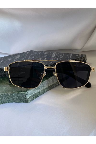 Mazzy Rectangular Design Gold Black Unisex Sunglasses