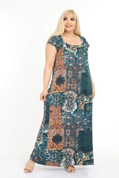 Mia Butik Plus Size Dark Turquoise Ethnic Pattern Rope Detailed Long Dress