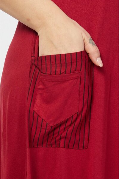 Mia Butik Plus Size Burgundy Diagonal Pocket Striped Dress