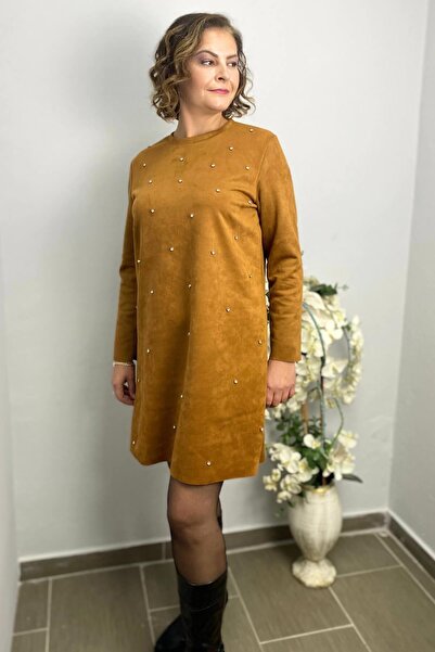 Mia Butik Women's Tan Mountain Stone Detailed Nubuck Dress