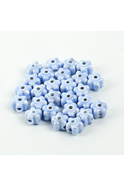 yfhobi 1 Adet - 11 mm Çiçek Nazar Desenli Porselen Boncuk, Açık Mavi Renk Por...