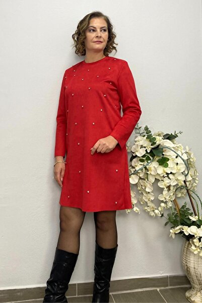 Mia Butik Women's Red Mountain Stone Detailed Nubuck Dress