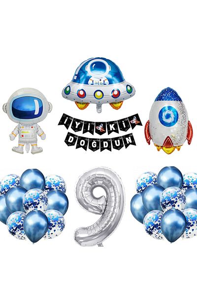 Patladı Gitti Space Concept 9Th Birthday Party Celebration Set Astronaut, Ufo and Spaceship Foil Balloon Set