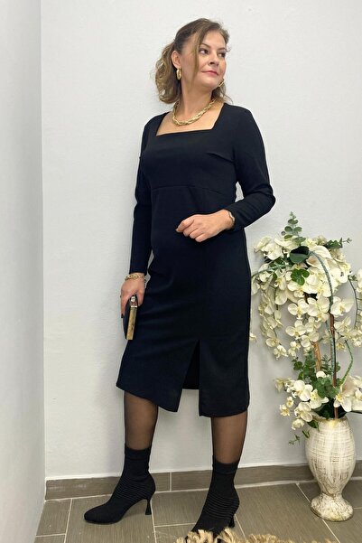 Mia Butik Women's Black Square Collar Dress