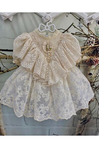 Linarookids Krem Dantelli Vintage Kız Bebek Elbisesi,Doğum günü,fotoğraf çekim elbise,0-13 Yaş Uygun