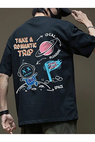 NoVibe Tricou oversize 100% bumbac imprimat Take A Romantic Trip unisex