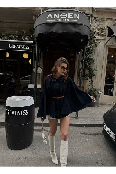Ekim Store سترة بونشو من الدنيم بحزام