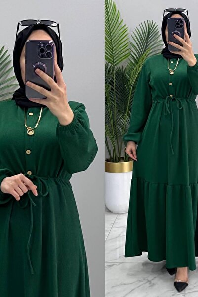 Genel Markalar HÜMA ELBİSE Fitilli Örme Kumaş Kadın Yeşil Düğmeli ve Bel Bağl...