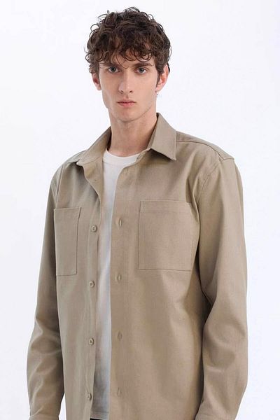 DeFacto Ανδρικό πουκάμισο με μακρυμάνικο γιακά Polo Regular Fit Gabardine Light Khaki D6147ax/kh419